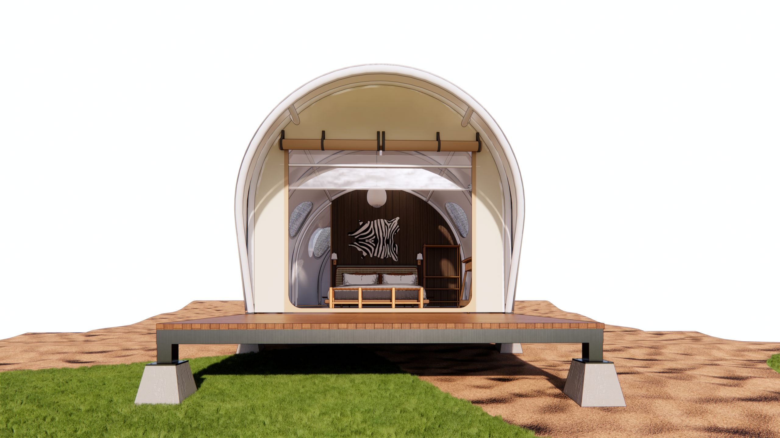 Ảnh 3D góc nhìn trực diện Cocoon Tent của Wild Duck Glamping Tent