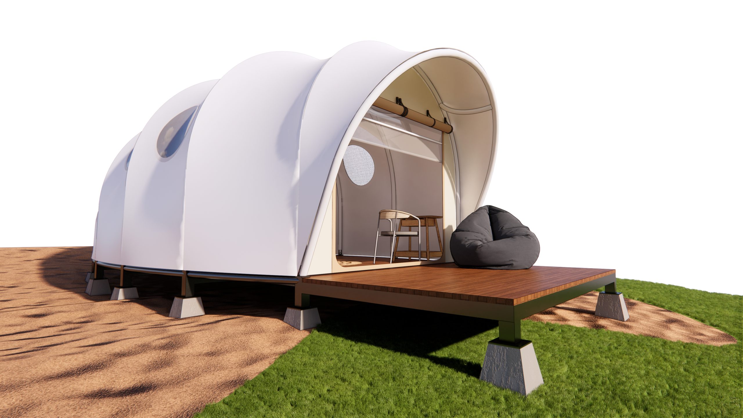 Ảnh 3D góc nhìn bên cạnh Cocoon Tent của Wild Duck Glamping Tent