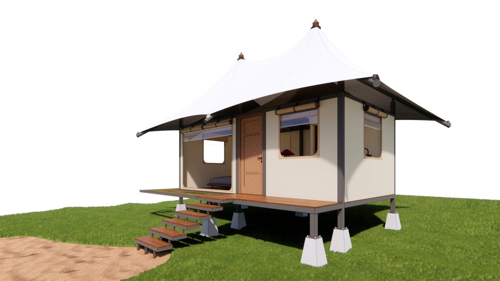 Ảnh 3D góc nhìn đối diện Double Cone Tent của Wild Duck Glamping Tent