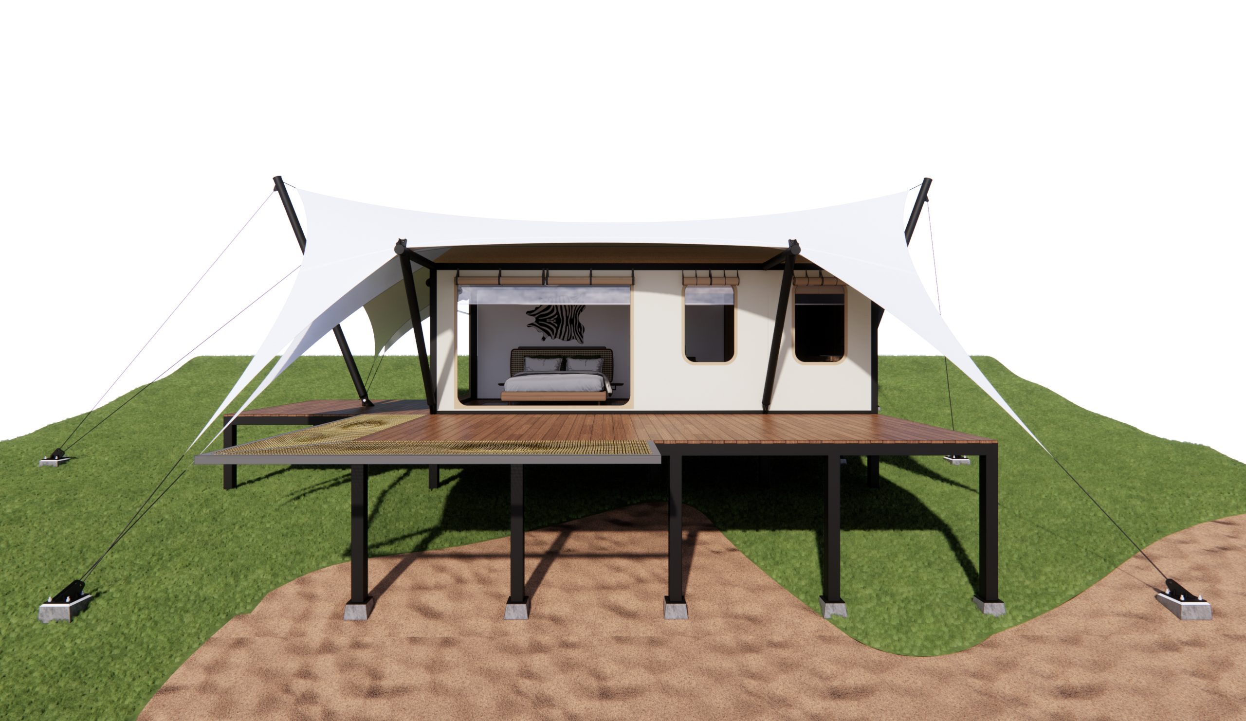 Ảnh 3D góc nhìn mặt sau Eagle Nest Tent của Wild Duck Glamping Tent