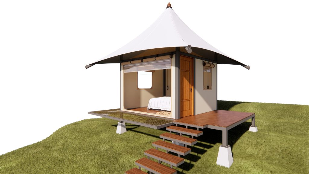 Ảnh 3D góc nhìn đối diện Single Cone Tent của Wild Duck Glamping Tent