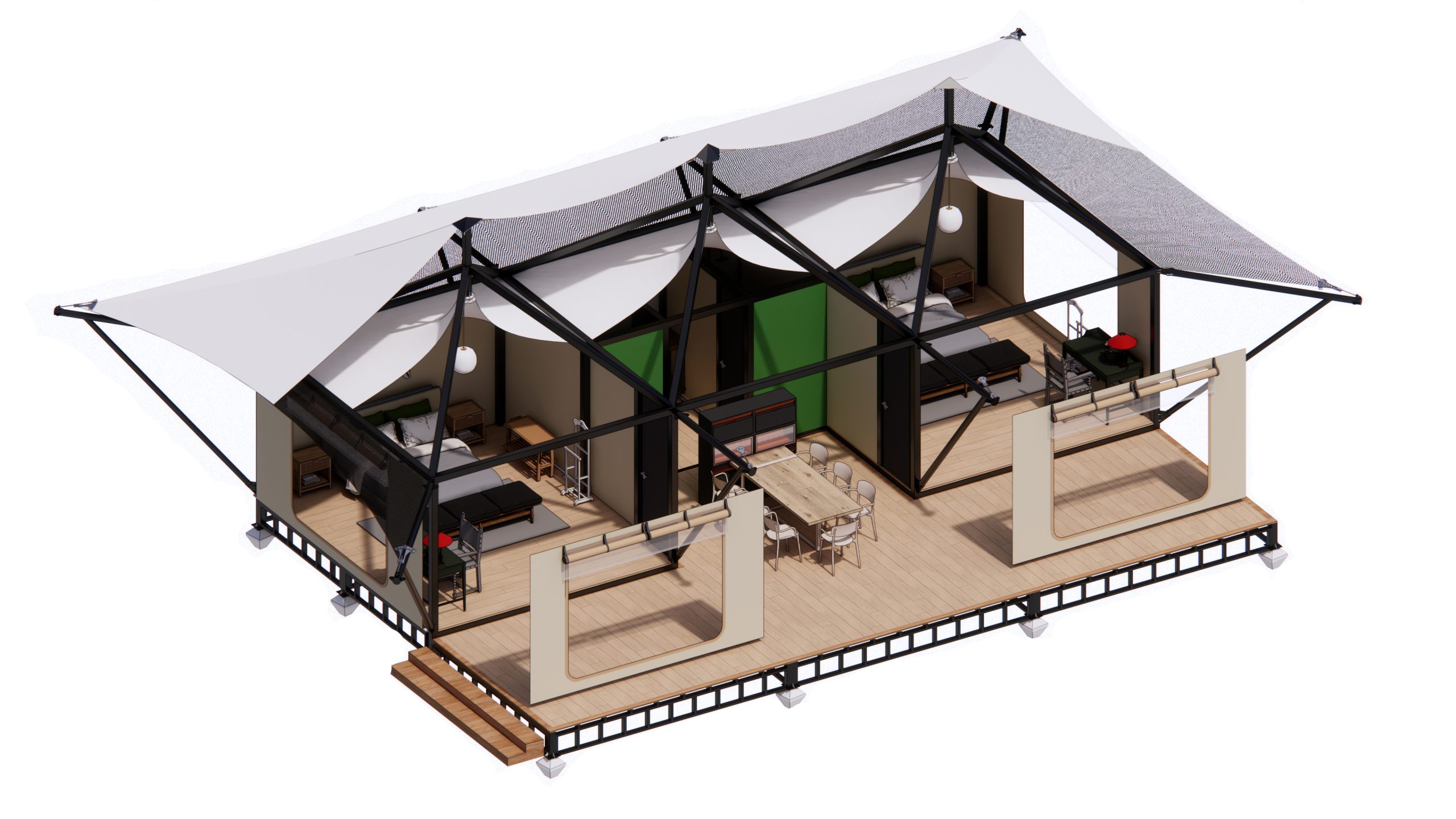 Ảnh 3D bên trong Triple Cone Tent của Wild Duck Glamping Tent
