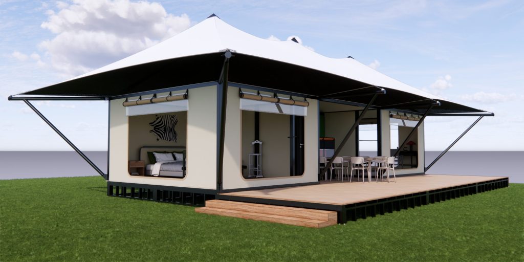 Ảnh 3D góc nhìn xuyên Triple Cone Tent của Wild Duck Glamping Tent