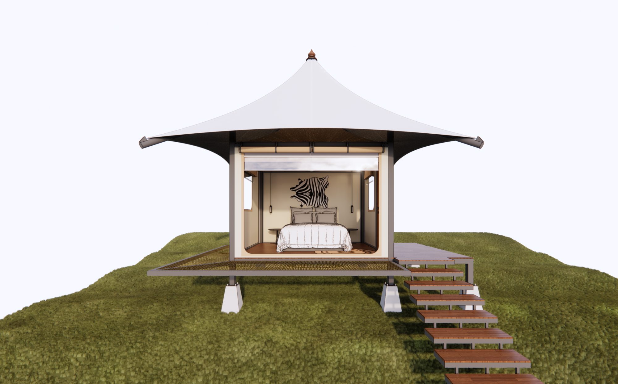 Ảnh 3D góc chính diện Single Cone Tent của Wild Duck Glamping Tent