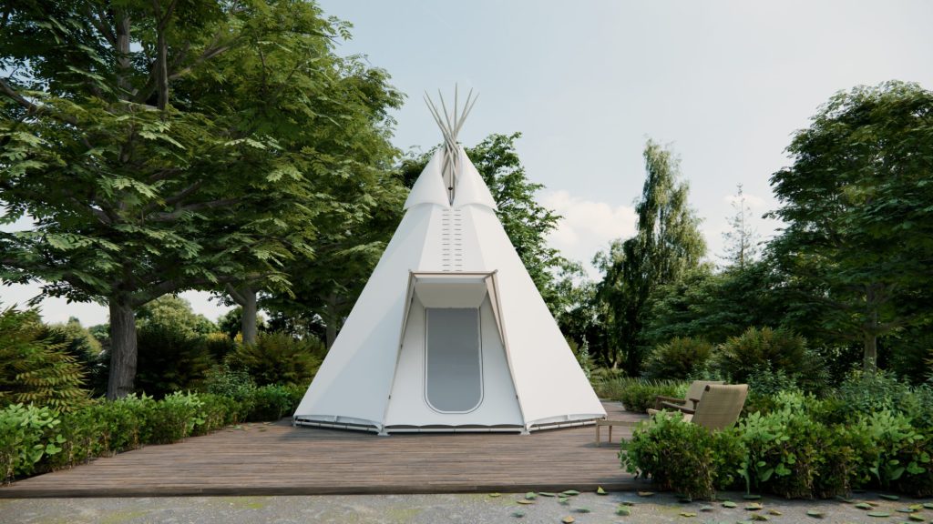 Ảnh 3D góc nhìn chính diện Tipi Tent cùng phối cảnh của Wild Duck Glamping Tent