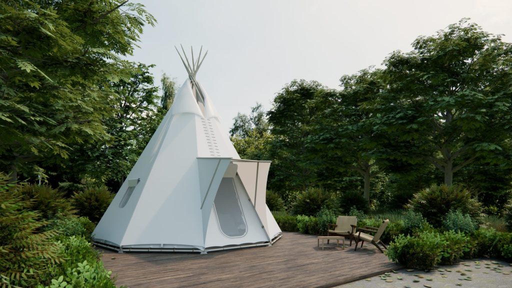Ảnh 3D góc nhìn bên ngoài Tipi Tent cùng phối cảnh của Wild Duck Glamping Tent